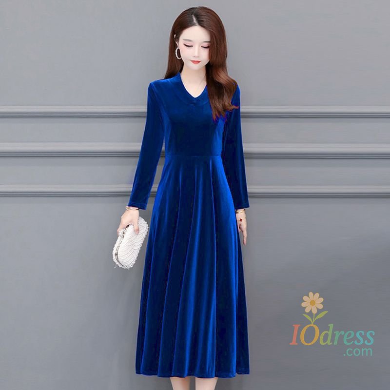 IO Dress V-neck Dress Autumn Winter New Style Waist-hugging to Make You Look Slim and Fashion Solid Long-sleeved A-line Skirt for Women