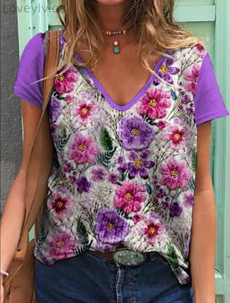 Women's Floral Print Short Sleeve V-Neck Casual T-Shirt