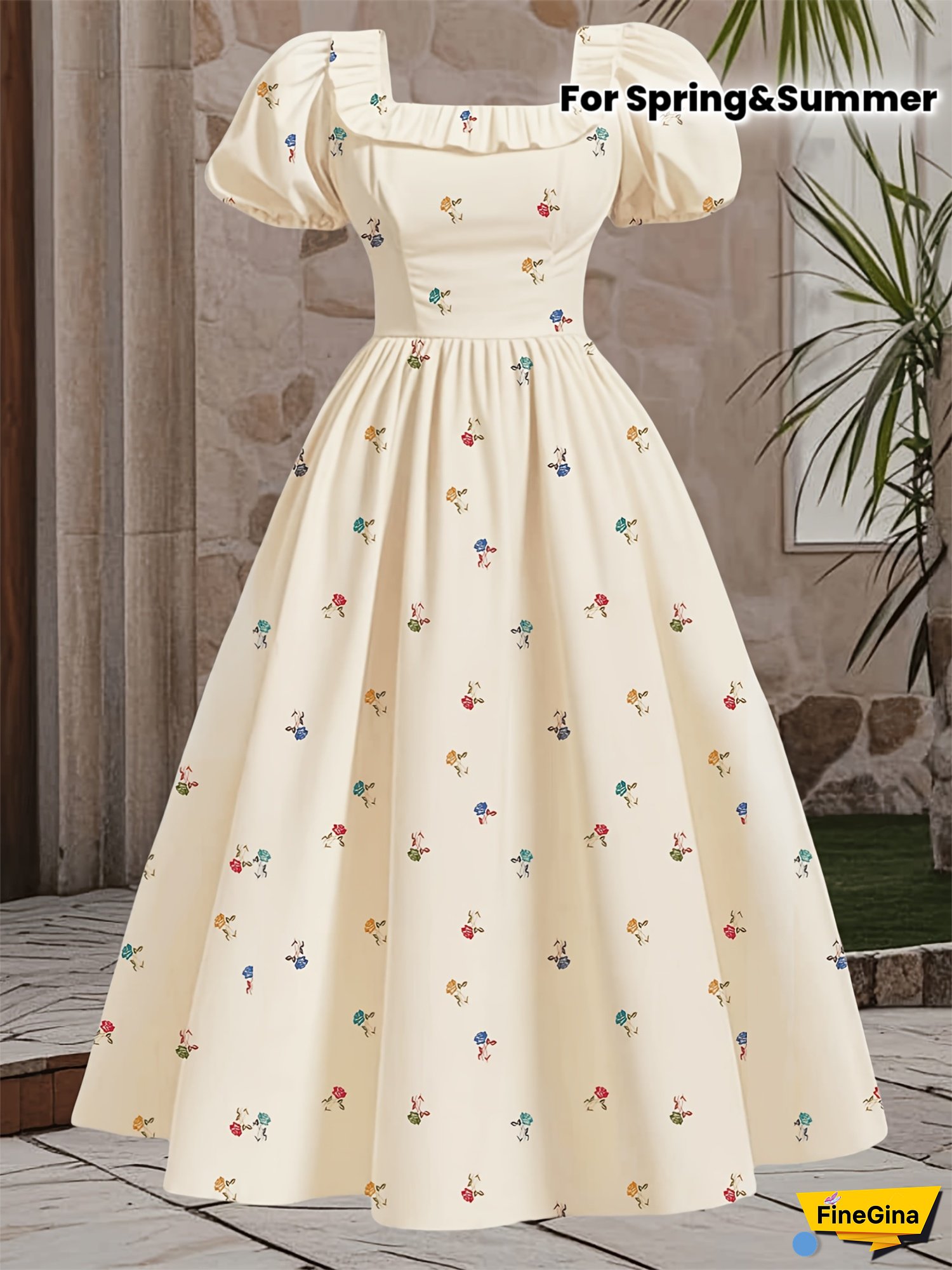 Women's Elegant Short Sleeve Floral Print Dress - Square Neck Ruffled Blouse & Flared Skirt, Lightweight Breathable Fabric For Spring Summer Fall, Casual To Semi-Formal Occasions, Seasonal Fashion, Gathered Waist, Relaxed Fit