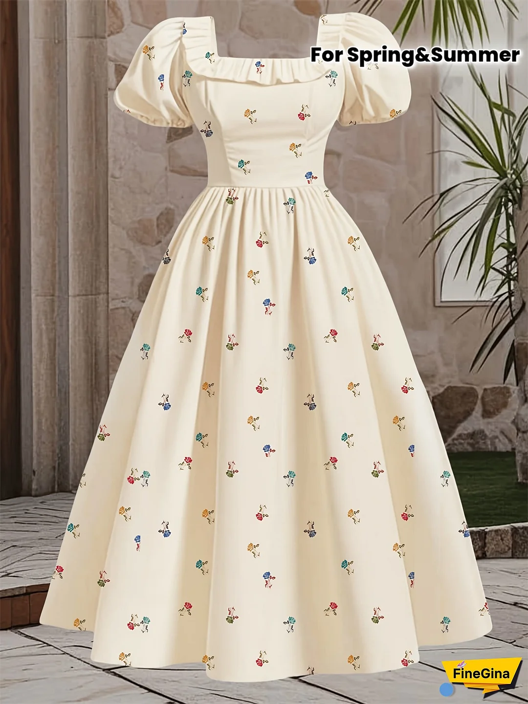 Women's Elegant Short Sleeve Floral Print Dress - Square Neck Ruffled Blouse & Flared Skirt, Lightweight Breathable Fabric For Spring Summer Fall, Casual To Semi-Formal Occasions, Seasonal Fashion, Gathered Waist, Relaxed Fit