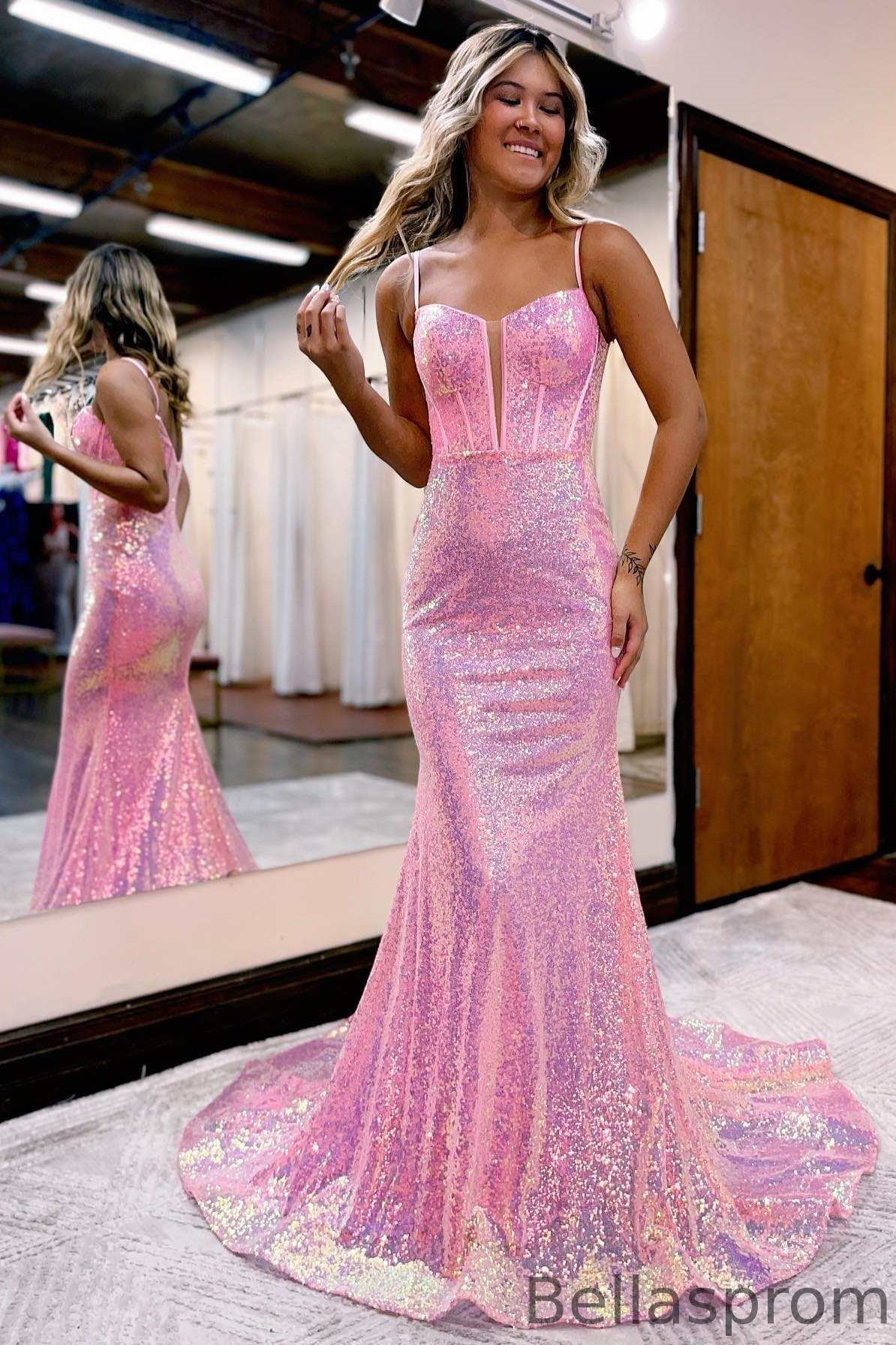Bellasprom Spaghetti-Straps Sleeveless Mermaid Prom Dress With Sequins Bellasprom