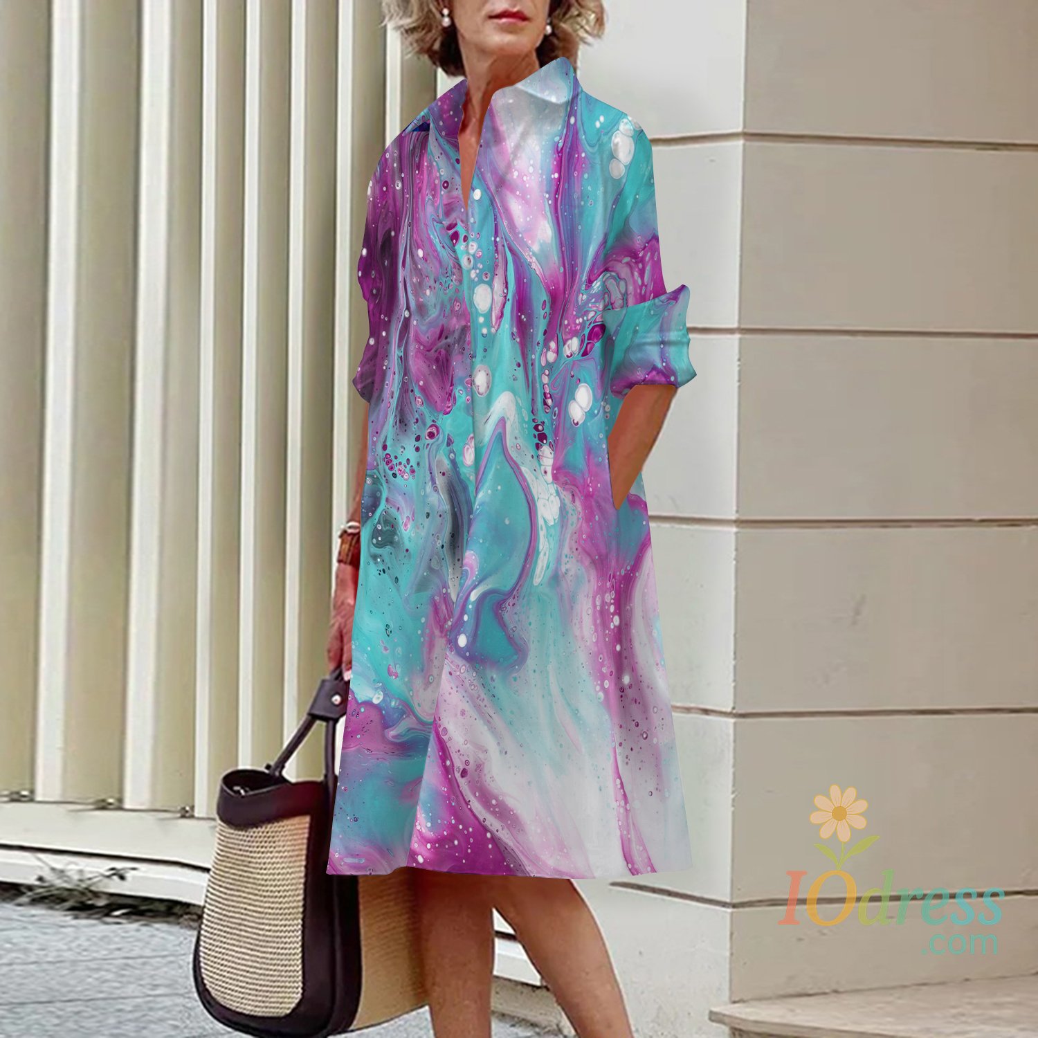IO Dress Fashion Retro Solid Color Women's Shirt Dress Casual V Neck Lapel Full Sleeve with Pockets Long Dress Autumn Lady Street Dresses IO Dress