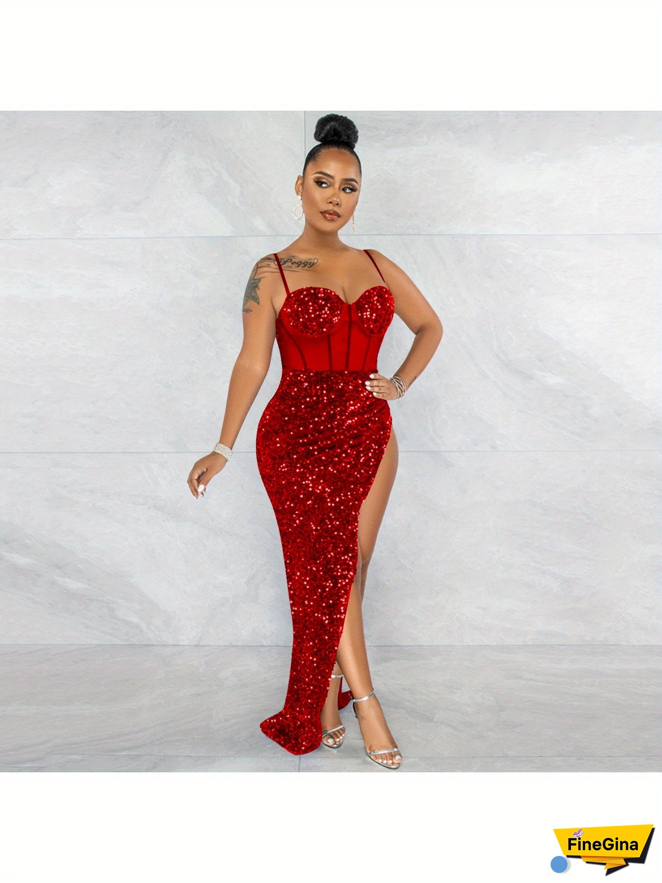 Women's Spaghetti Strap Sequin ball Gown Long Mermaid Sparkly See-through Mesh V-neck Evening Dress Mini Dress Rhinestone Dress Party Dress Club Evening Dress