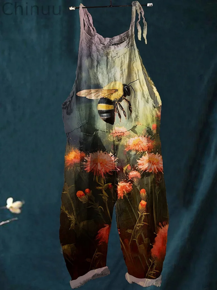 Women's   Bee   Art  Print Casual 100% Cotton Wide Leg Jumpsuit