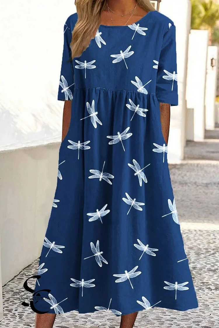 Dragonfly Print Crew Neck Midi Dress with Half Sleeves
