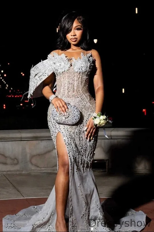 strapless open back dress Drop-shoulder High Front Split Appliqued Zipper Prom Dress – Alizeal main image 0