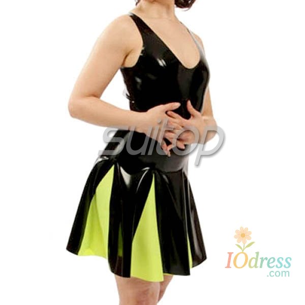 IO Dress Rubber sundress latex pinafore dress with stocking black and green color Suitop  lovely