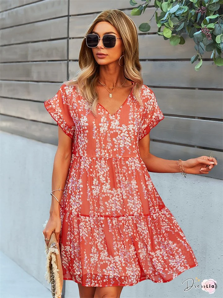 Printed Flutter A-line Dress Loose Chiffon Dress
