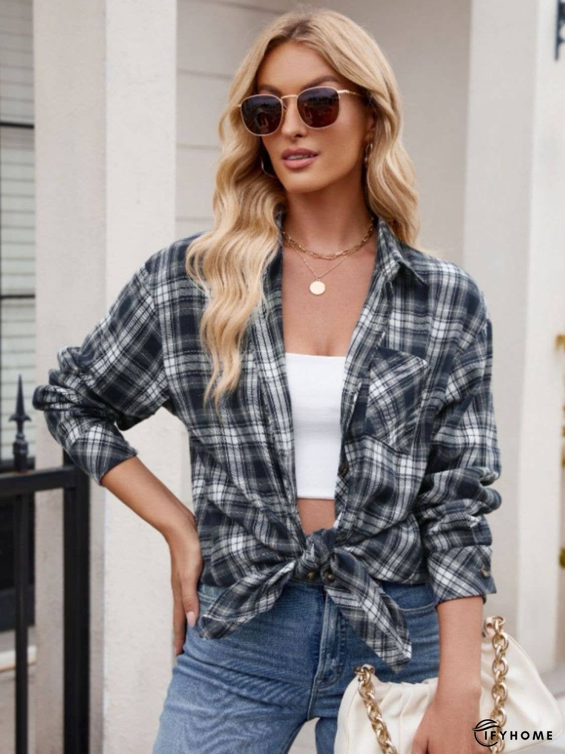 Pocketed Plaid Collared Neck Long Sleeve Shirt | IFYHOME