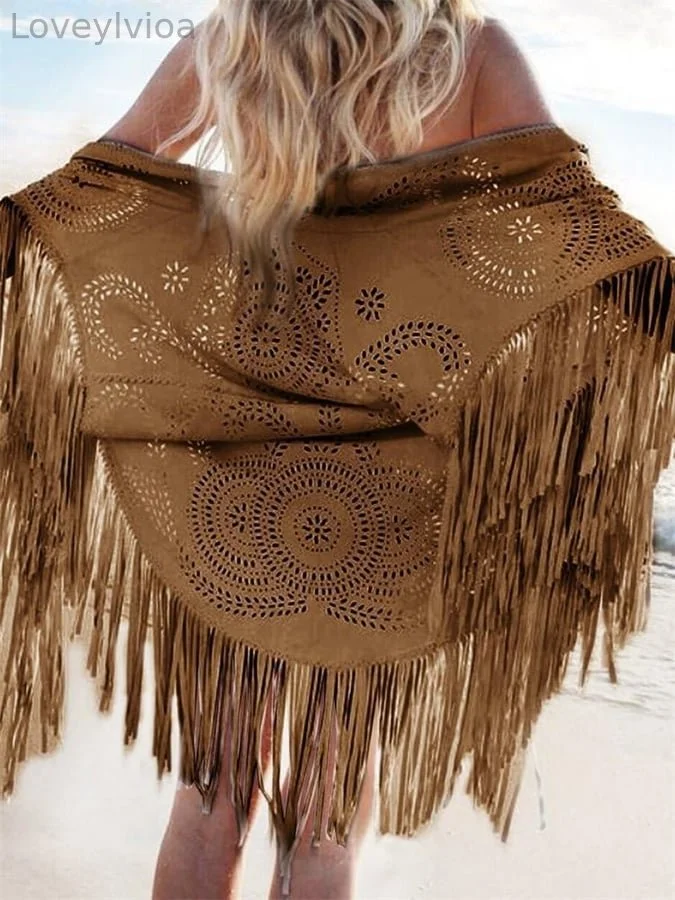 Women'S Western Hollow Carved Tassels Suede Shawl