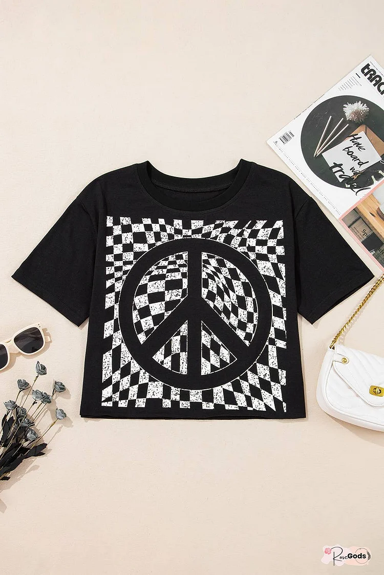 Checkerboard Peace Sign Printed Round Neck T Shirt