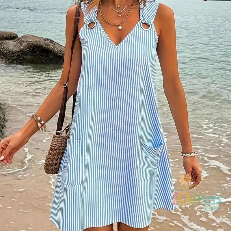 IO Dress New blue and white striped sleeveless V-neck pocket plus size women's dress for summer IO Dress