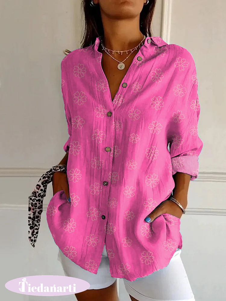 Classic Pink Cherry Print Casual Long Sleeve Shirt