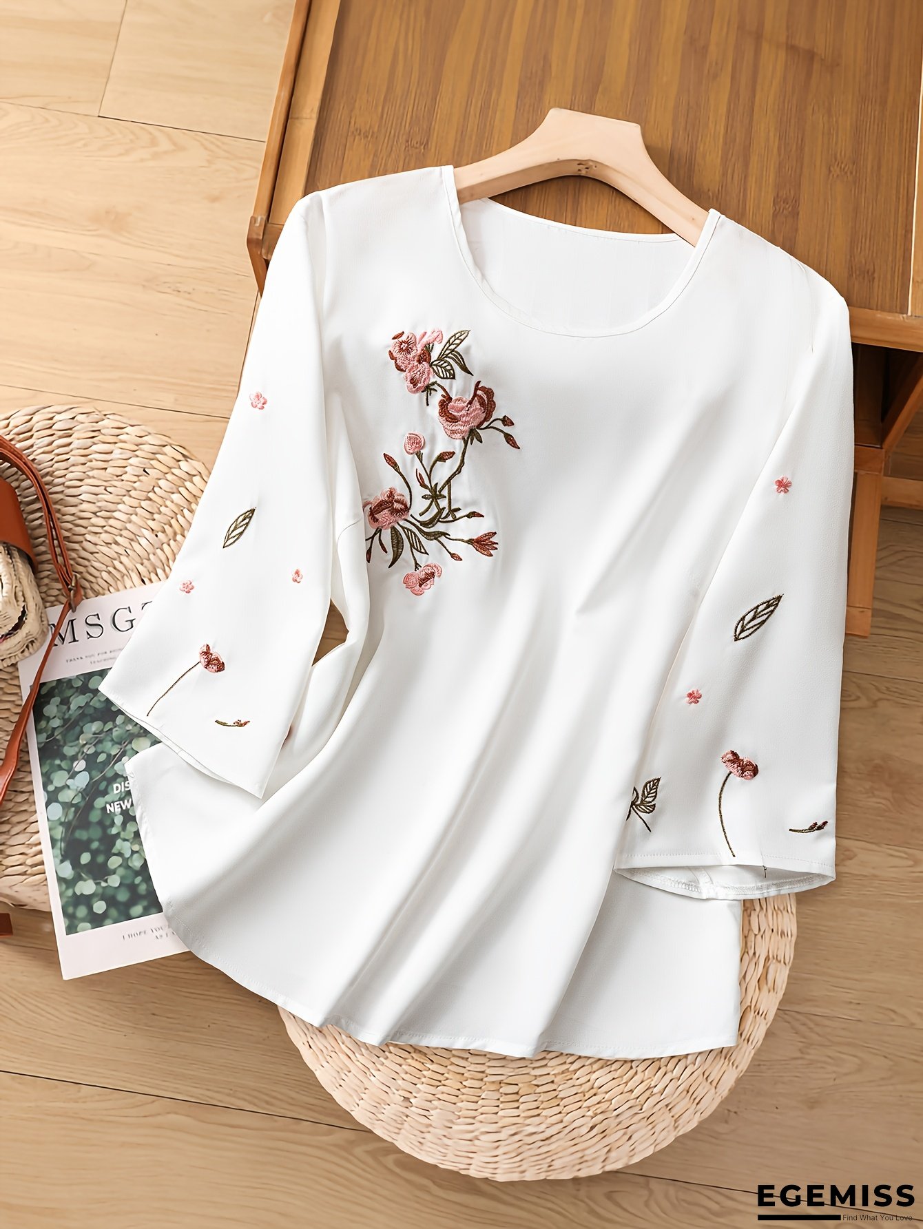 Plus Size, Women's Plus Size Elegant Blouse - Floral embroidery long shirt with Pink Roses, Non-Stretchy fabric for Formal & Casual Events - Office, Wedding, Vacation - Machine Washable Women's Tops, Office Attire, Chic Design, Delicate Embroidery | EGEMISS