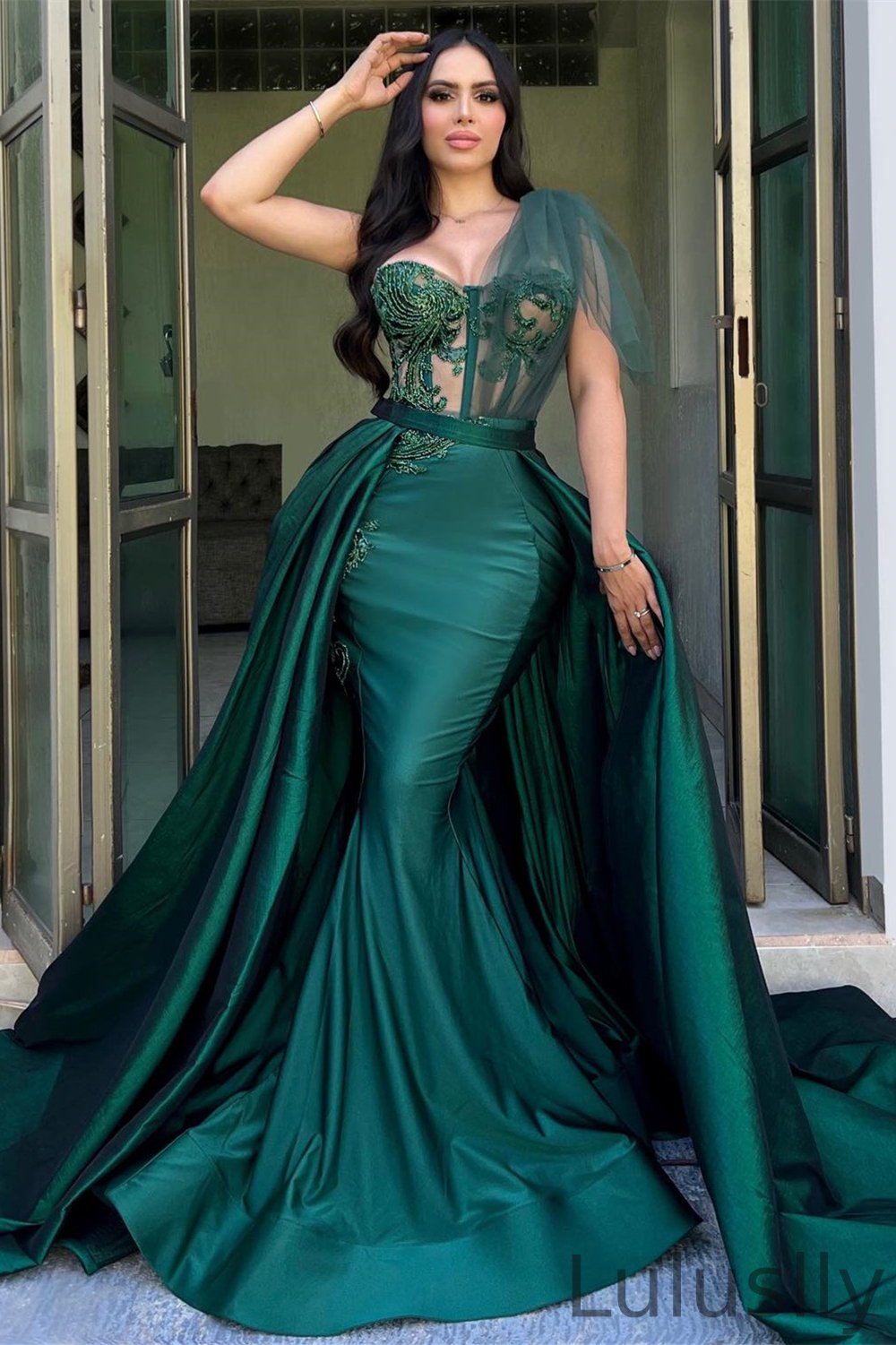 Luluslly One Shoulder Sweetheart Mermaid Prom Dress Split Long Overskirt With Appliques
