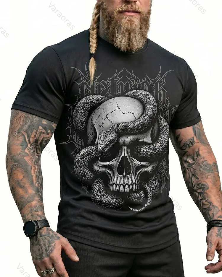 Men's Summer Viking Snake and Skull Print Short-Sleeve T-Shirt 1799