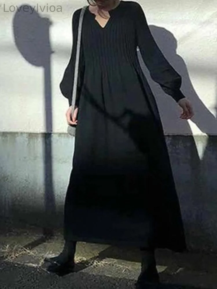 Balloon Sleeve Pleated Knit A Line Maxi Dress