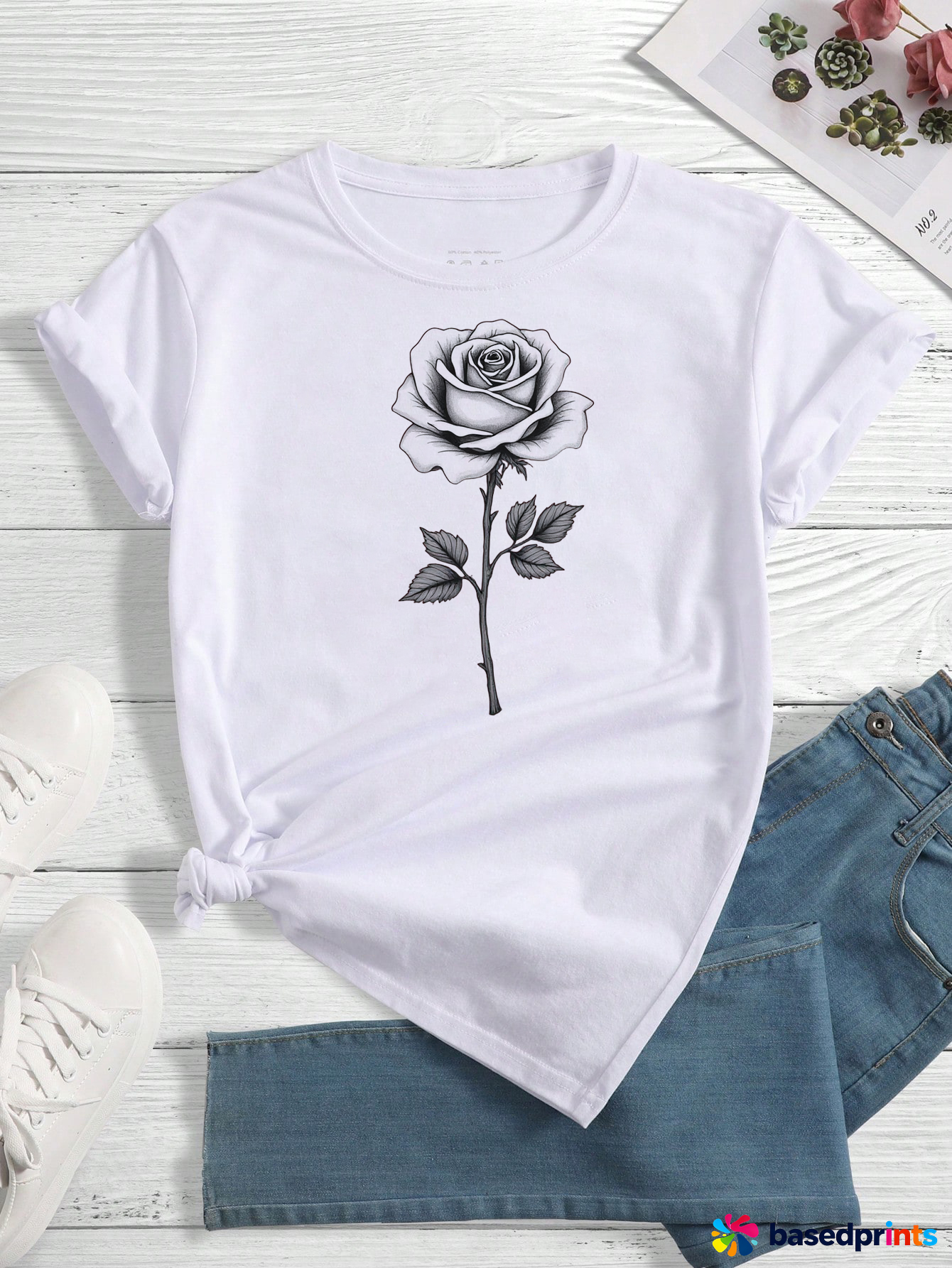 White Rose Graphic Tee Cotton Casual T-Shirt Women's Summer