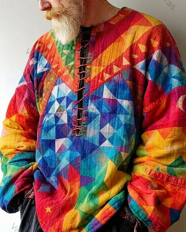Men's Music Festival-Themed Colorful Diamond-Print Long-Sleeve Top 3835