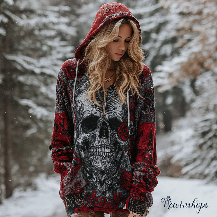 Halloween Skeleton Element Viking Style Women's Hooded Pullover Knit Sweater