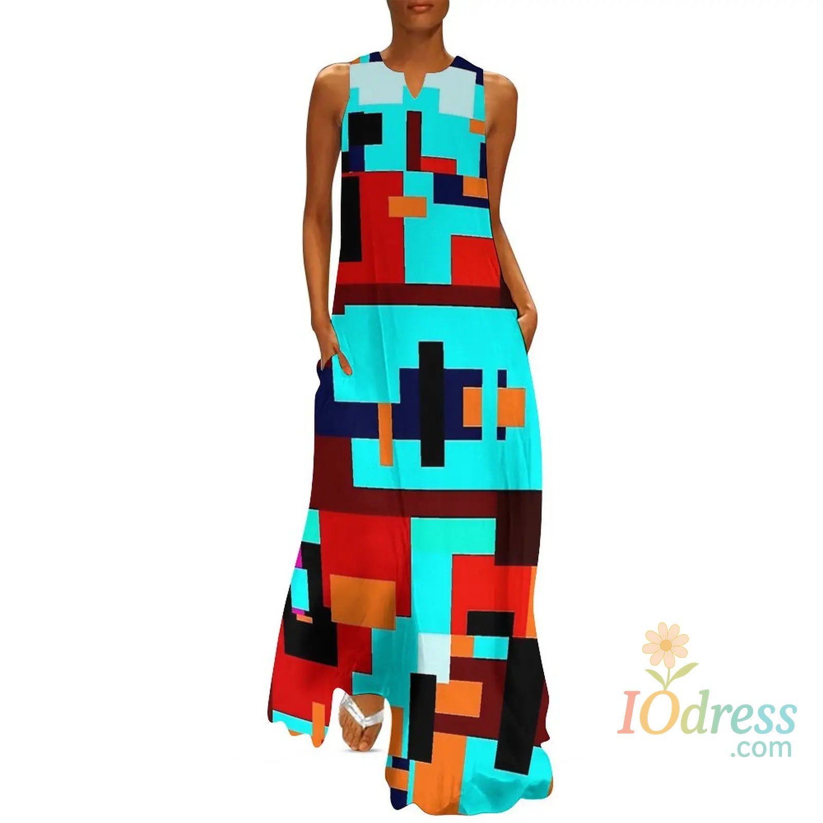 IO Dress Color Gradient Striped Pattern Long Dress For Women Summer Sleeveless V-neck Pockets Loose Casual A-Line Dress Sexy Ladies Robe IO Dress