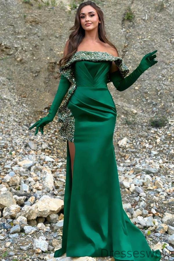 Dresseswow Emerald Green Off-the-Shoulder Mermaid Ball Dress With Split Beadings Online