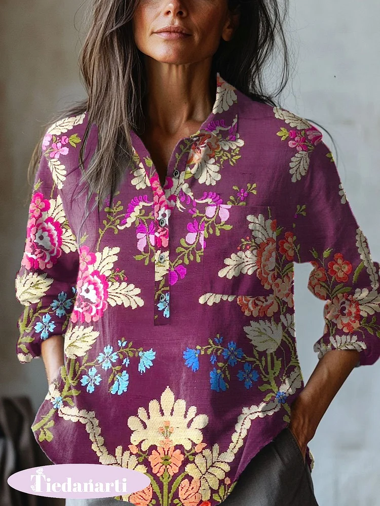 Women's   Floral  Art Print Casual Cotton And Linen Shirt