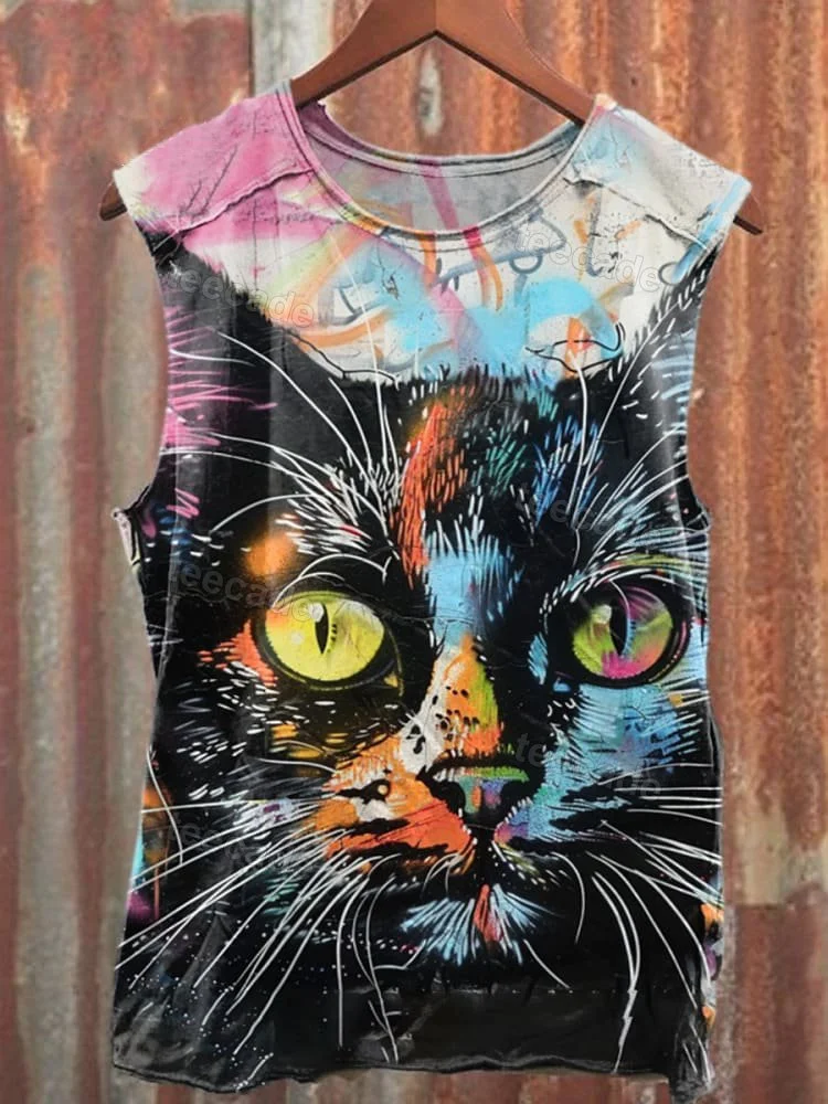 Teecade Teecade Unisex Cat Pop Art Illustration Print Casual  Tank Top