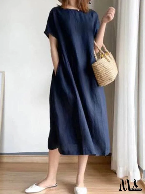 Casual Loose Solid Color Round-Neck Midi Dresses