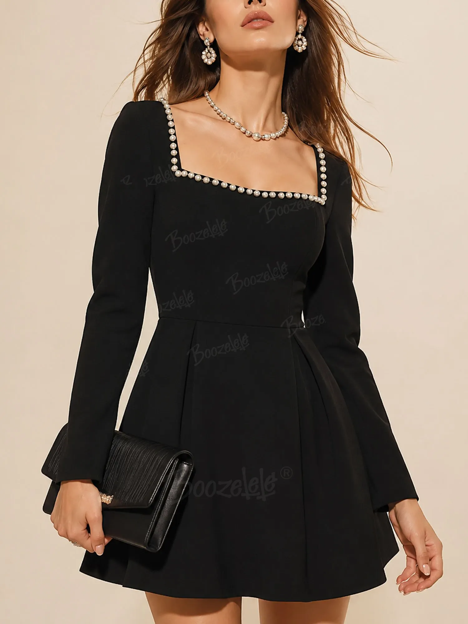 Perfect for a Western Gala &mdash; Black Pearl-Trimmed 2026 Spring/Autumn Women&rsquo;s Square Neck Mini Dress
