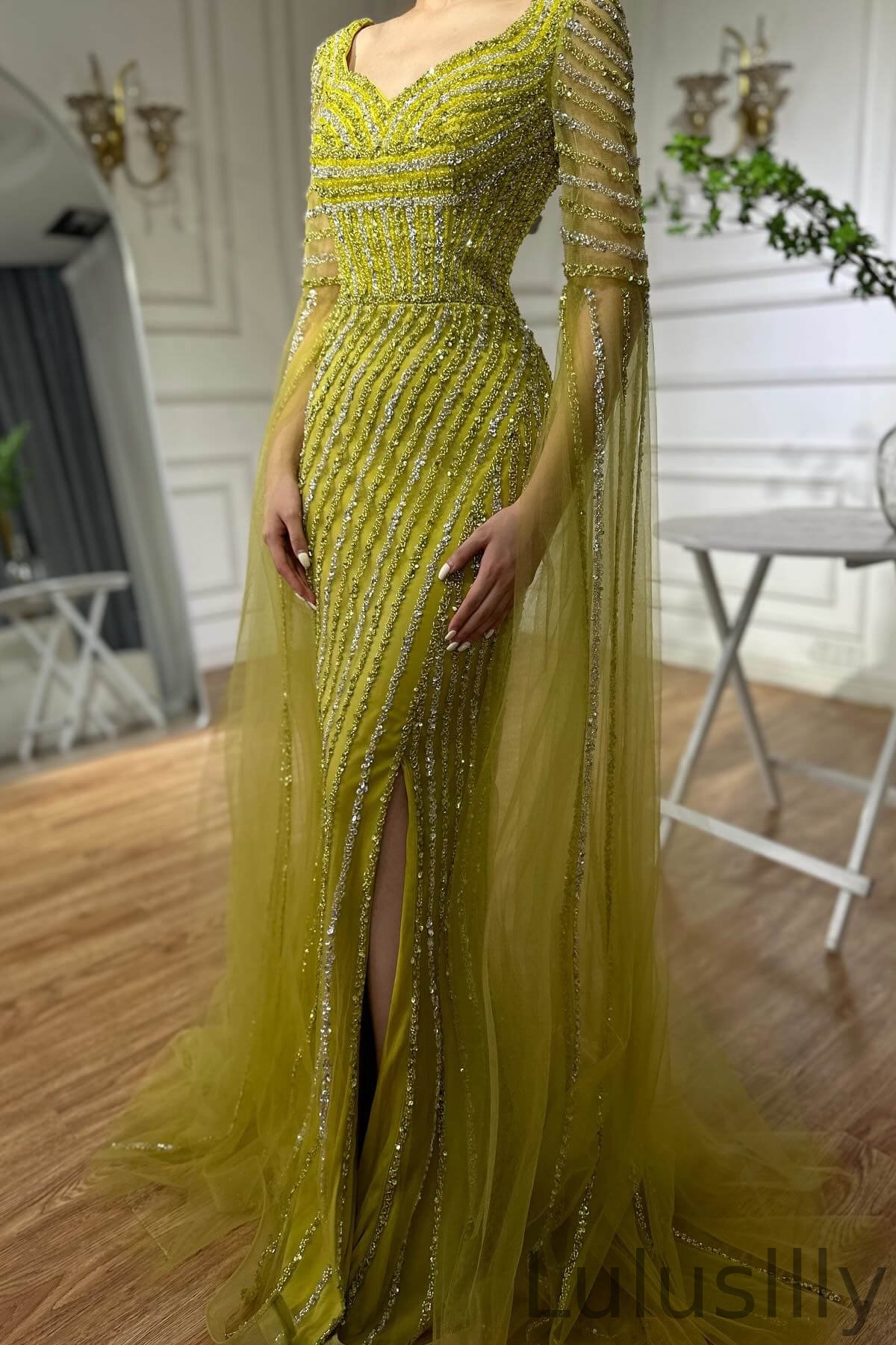 Classic Sweetheart Ruffle Sleeves Mermaid Evening Gowns With Split Sequins Beadings - lulusllly