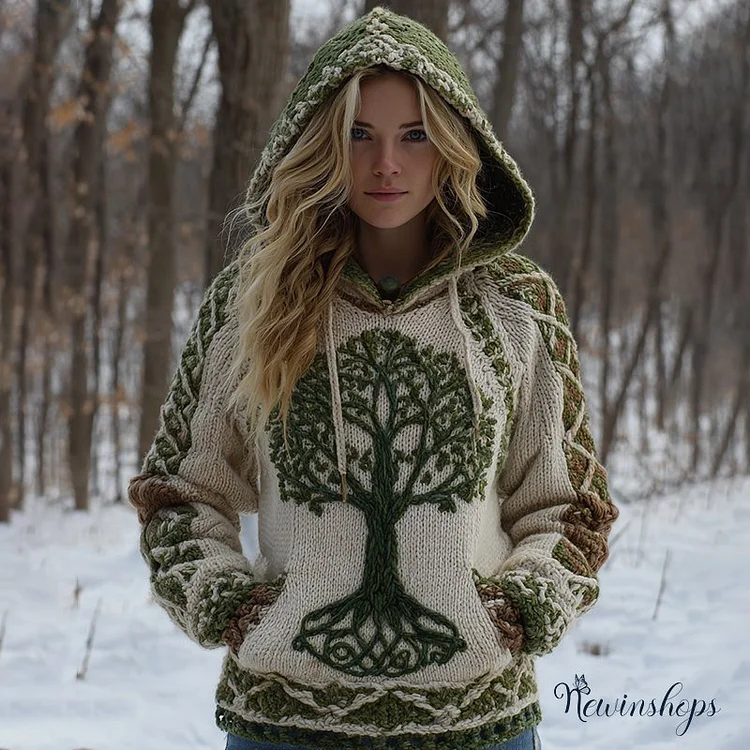 Women's Vintage Tree Of Life Celtic Knot Pattern Cozy Knit Hooded Sweater