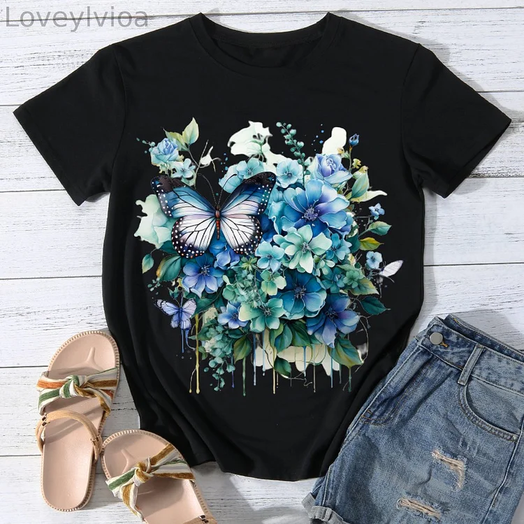 Puzzling Blossom Butterfly  Women Round Neck T-shirt BSTCA0006