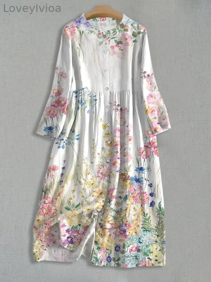 Women's Art Botanical Floral Print Single Breasted Dress
