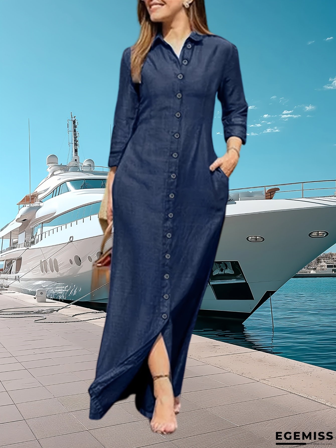 Plus Size, Plus Size Casual Denim Dress with Shirt Collar & Pockets - Oversized Long Skirt for Spring Summer Fall, Solid Color Non-Stretch Fabric, Hand Wash/Dry Clean | EGEMISS