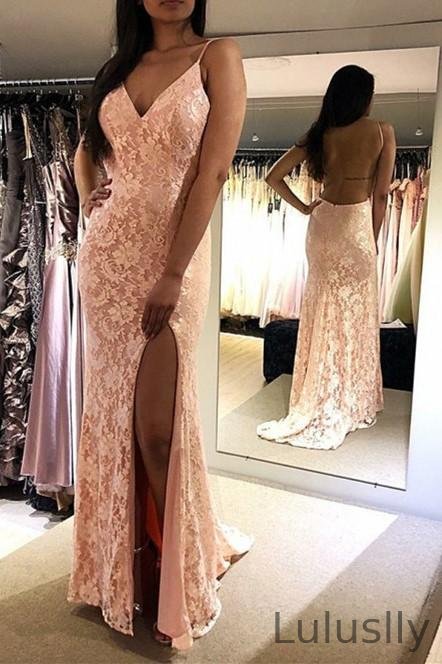 Luluslly Halter V-Neck Sleeveless Prom Dress Lace With Split