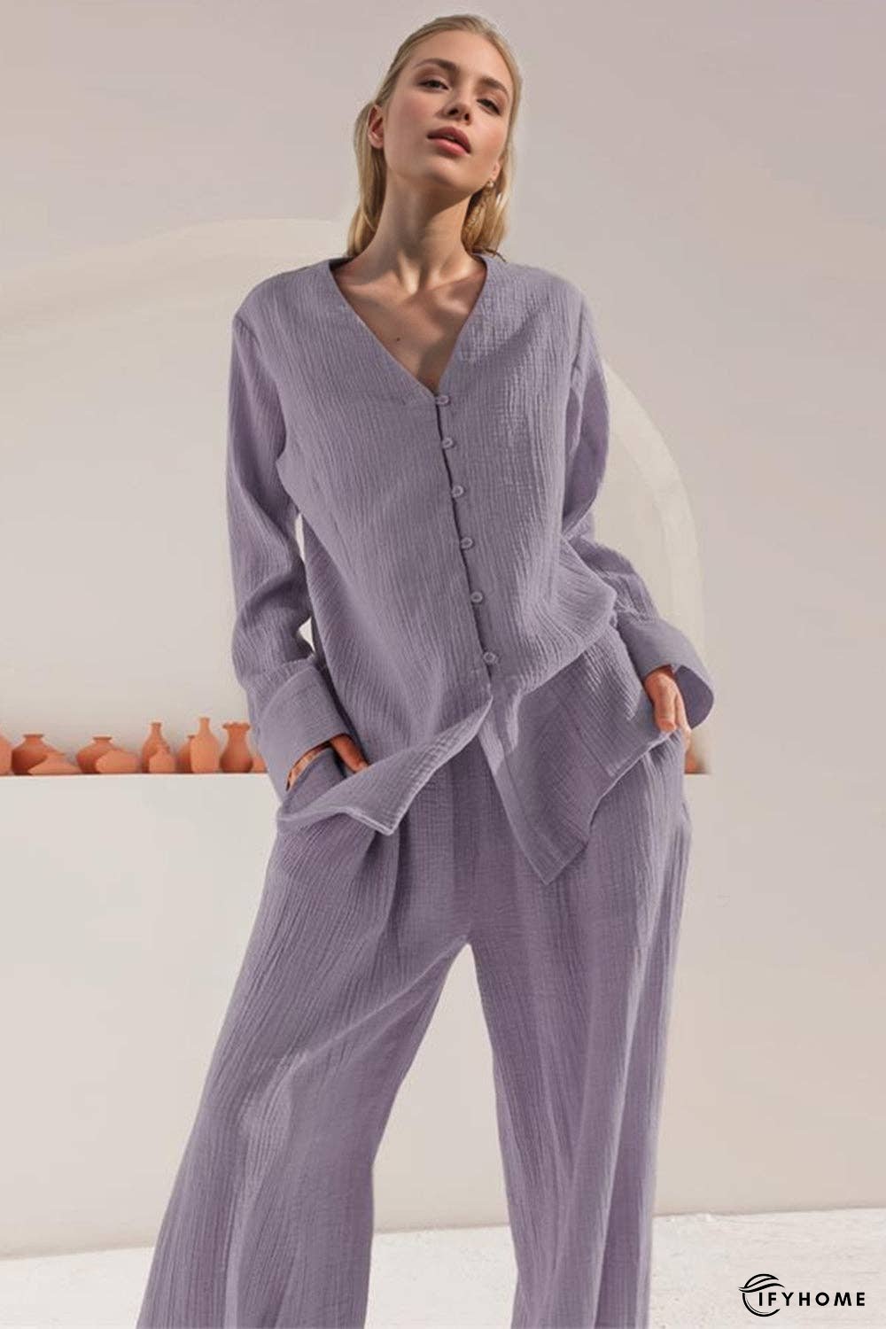 Basic Bae Buttery-Soft V-Neck Long Sleeve Top and Pants Set | IFYHOME