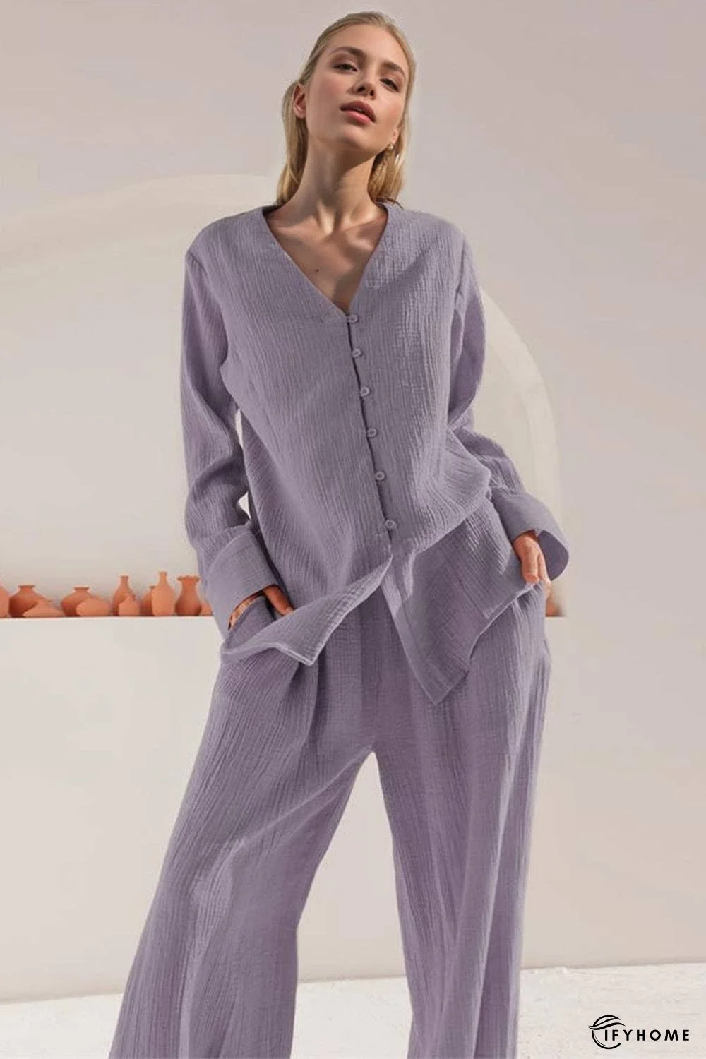 Basic Bae Buttery-Soft V-Neck Long Sleeve Top and Pants Set | IFYHOME