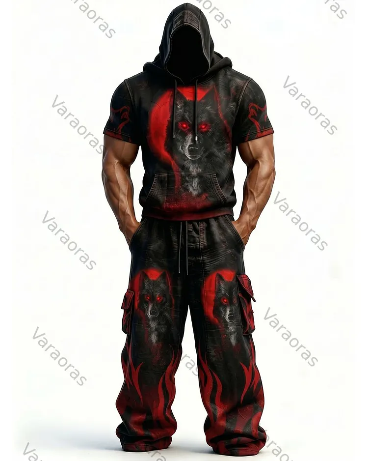 Men's Fashion Viking Contrast Color Embroidered Hoodie & Pants Two-Piece Set 6432