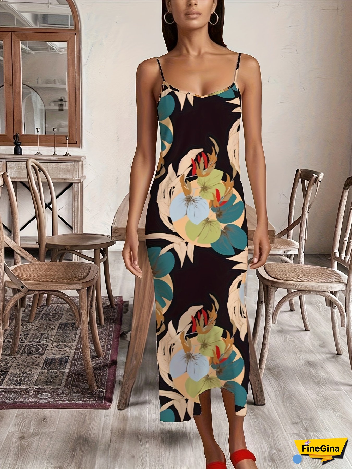 Elegant Women's Floral Print Midi Dress, V-Neck Sleeveless Slip Dress, Vibrant Spring/Summer Vacation Attire, Casual Elegant Attire | Vneck Dress | Sleeveless Dress