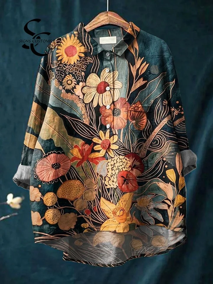 Women's Vintage Flower Art Print Casual Cotton And Linen Shirt