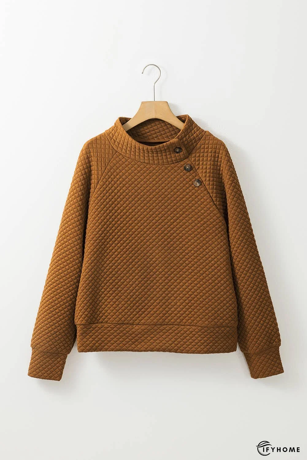 Quilted Buttoned Neckline Stand Neck Pullover Sweatshirt | IFYHOME