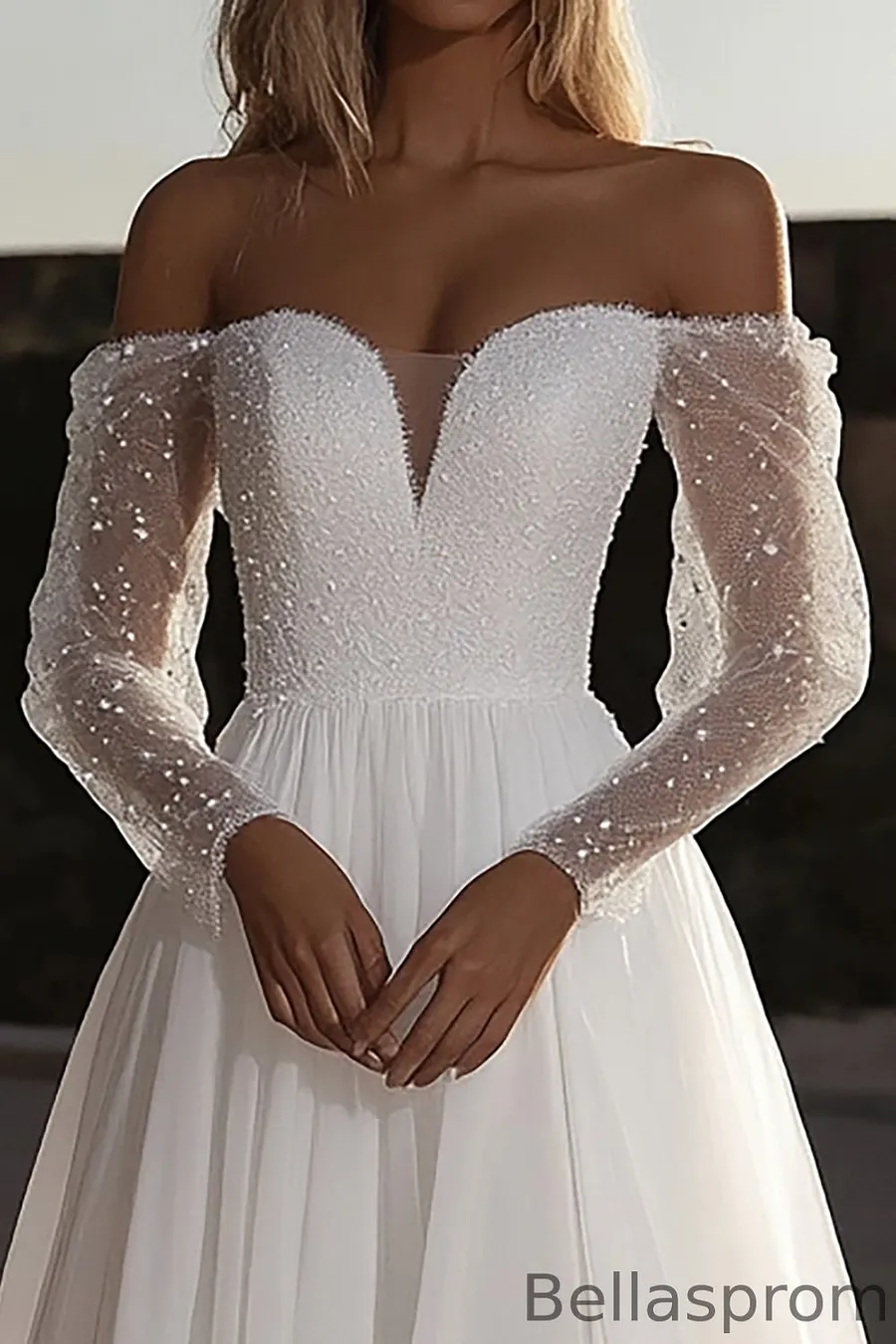 Bellasprom Off-the-Shoulder Long Sleeves A-Line Tulle Wedding Gowns With Beads Bellasprom Off-the-Shoulder Long Sleeves A-Line Tulle Wedding Gowns With Beads