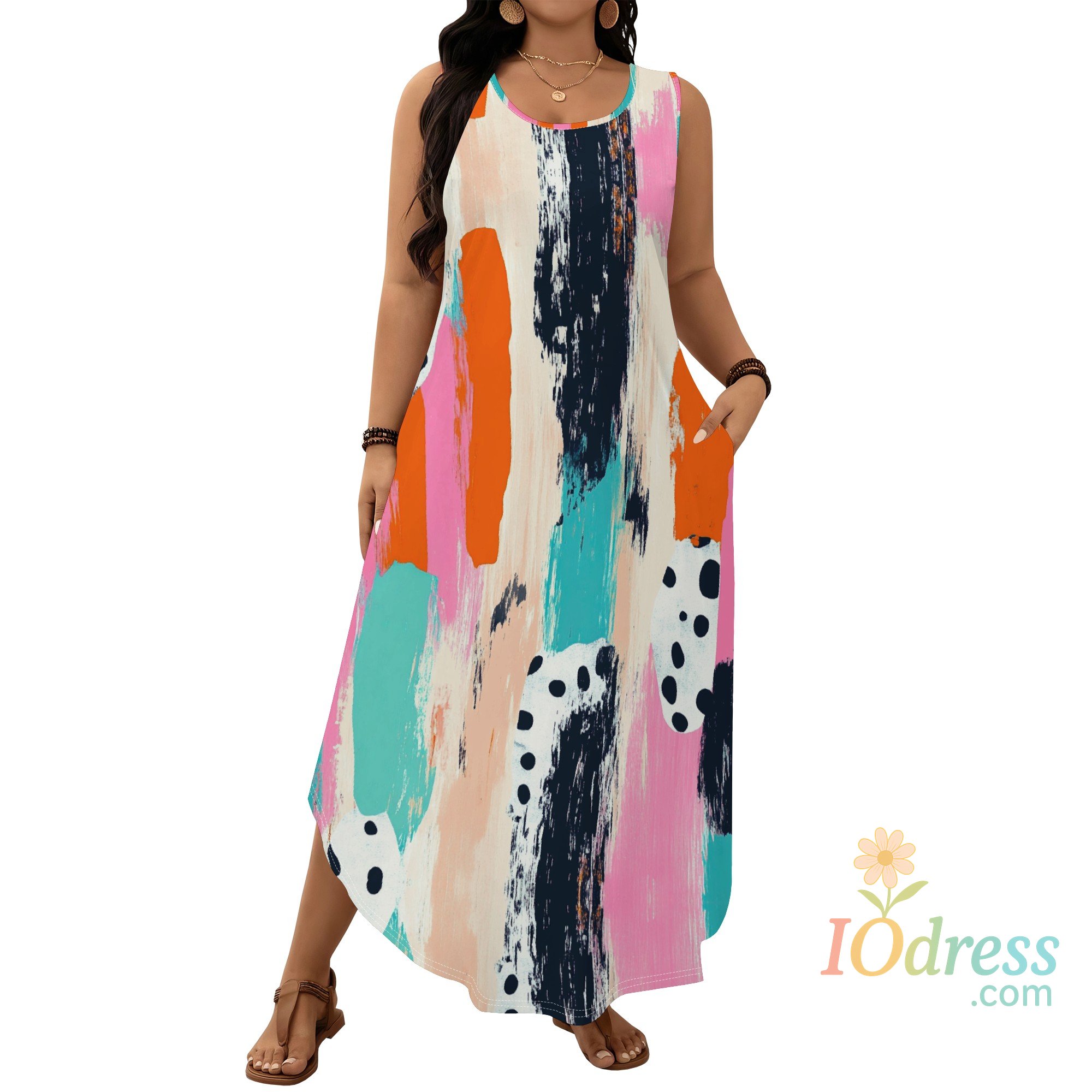 IO Dress Plus Size Brushstroke Print Maxi Dress XL-6XL Earth Tone Sleeveless Style for Autumn Brunch, Art Walk or Everyday Look IO Dress