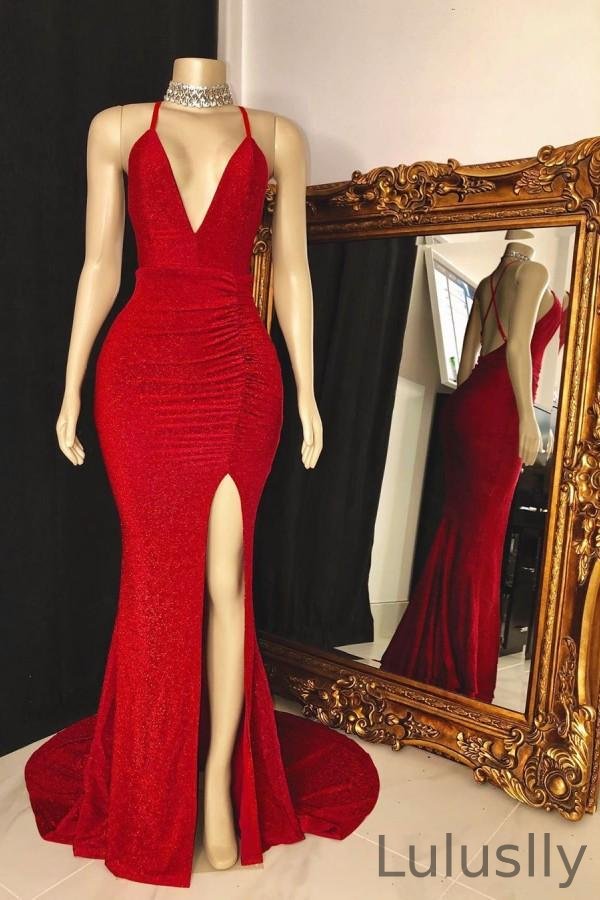 Luluslly Red Halter V-Neck Prom Dress Long Sleeveless Party Gowns With Slit
