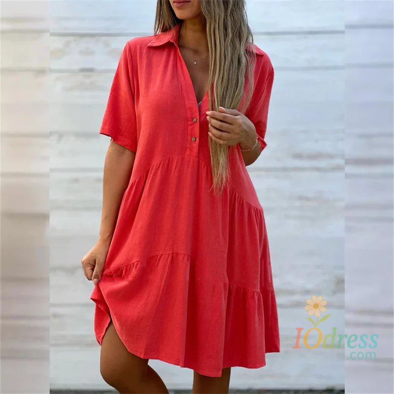 IO Dress Women Cotton Linen Solid Color Dresses Lapel Button Patchwork Dress Summer Casual Commuter High Waist Short Sleeves Female Gown IO Dress
