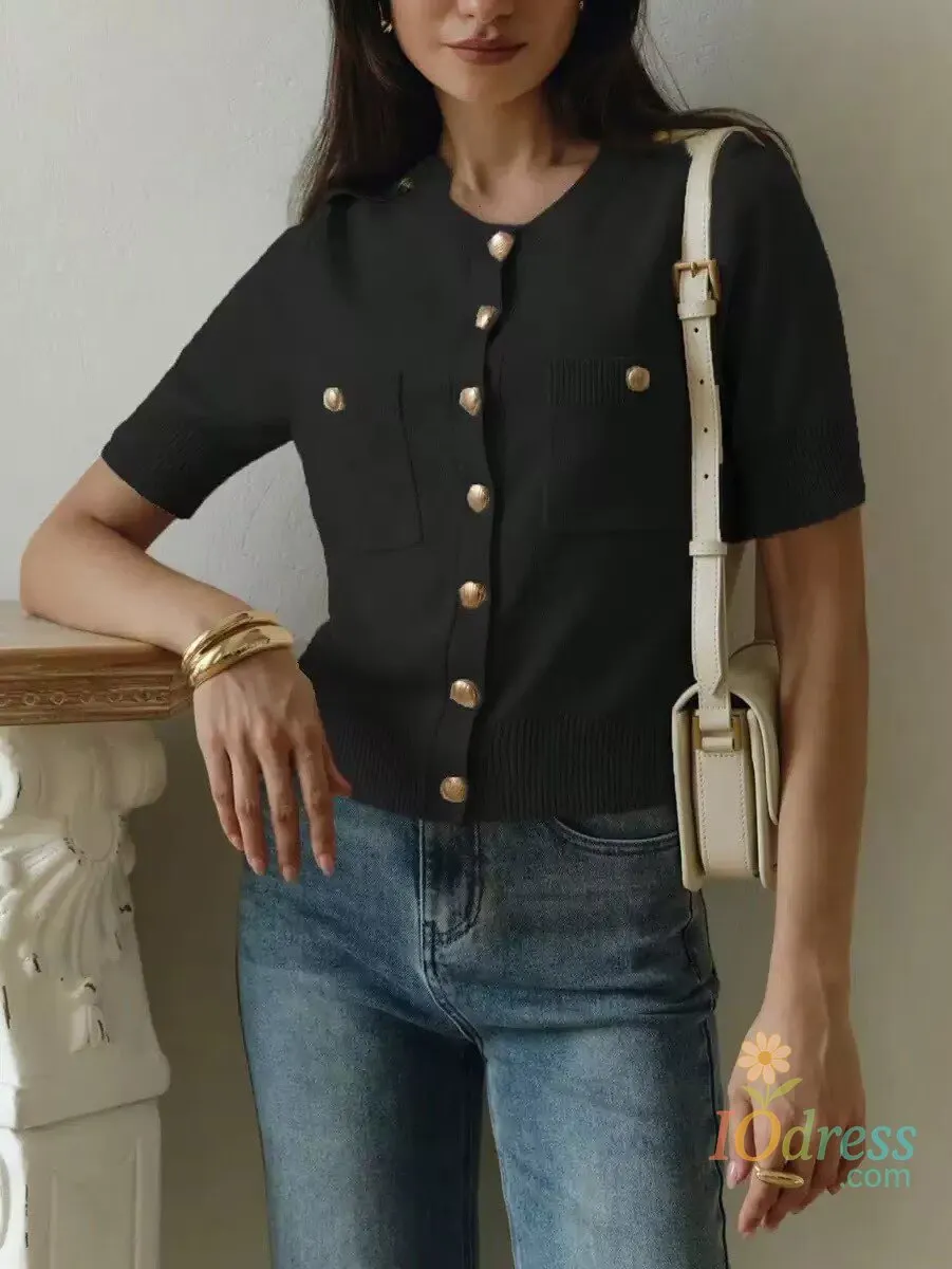 IO Dress 10 Colours Fashion Short Sleeve Knitted T-shirt Women O-neck Slim Cardigan Tops Chic Solid Summer New Button Design Sweater Tee IO Dress