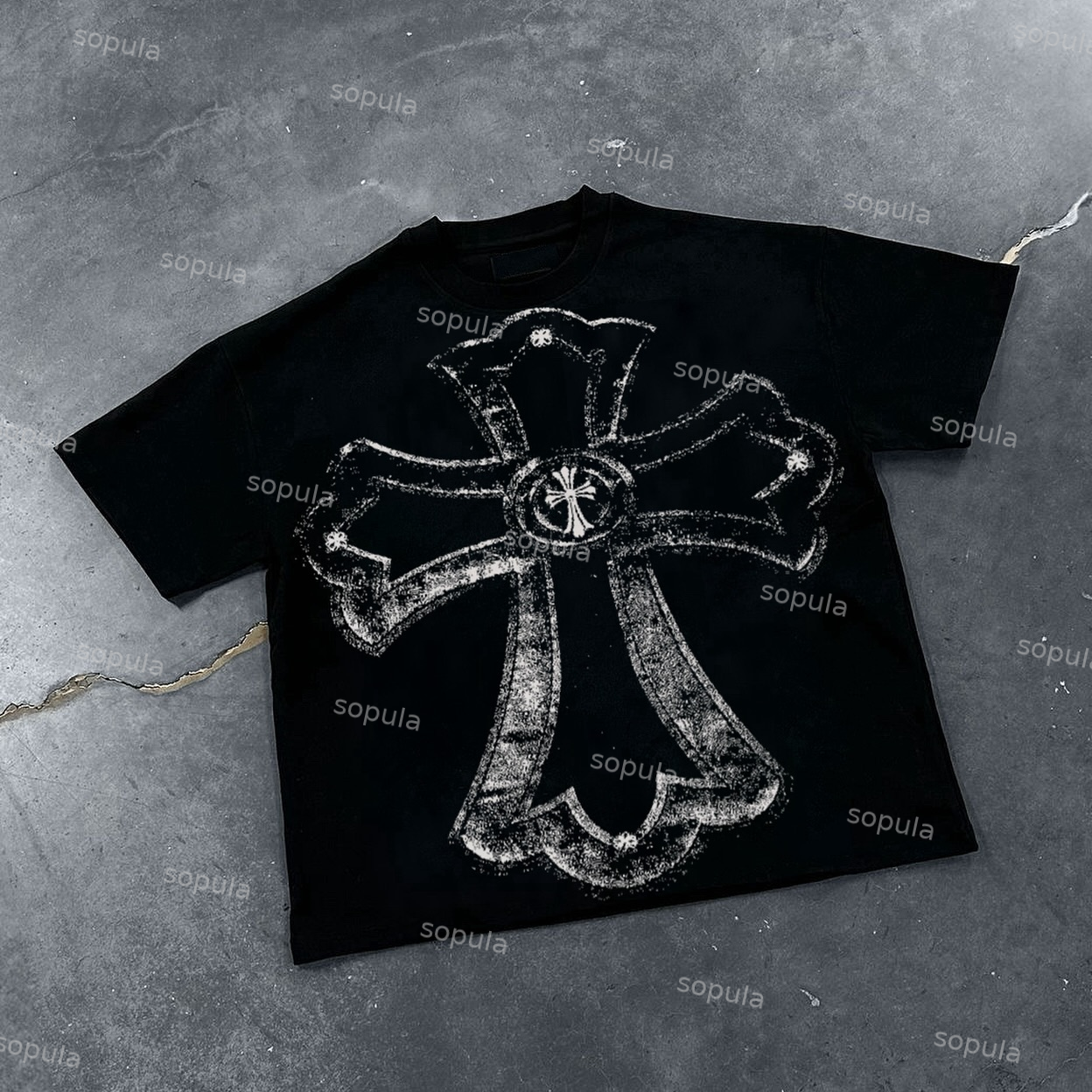 Sopula Vintage Cross Print Graphic Cotton T-Shirt