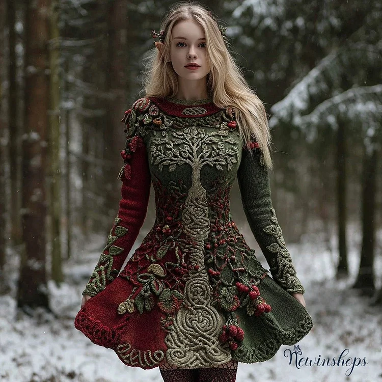 Women's Christmas Holly Leaves Life Of Tree Gradient Celtic Knitted Midi Dress