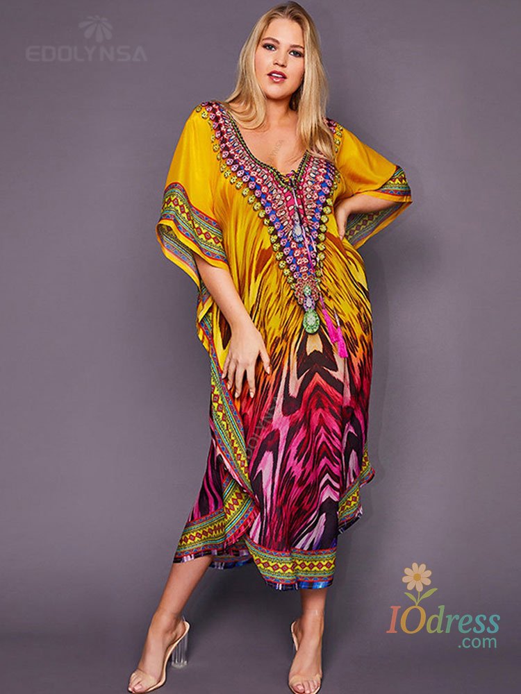 IO Dress 2025 Quick-drying Bohemian Printed Loose Summer Beach Dress Moroccan Kaftan Women Plus Size Beachwear Tassel Midi Dress Q897 IO Dress Store